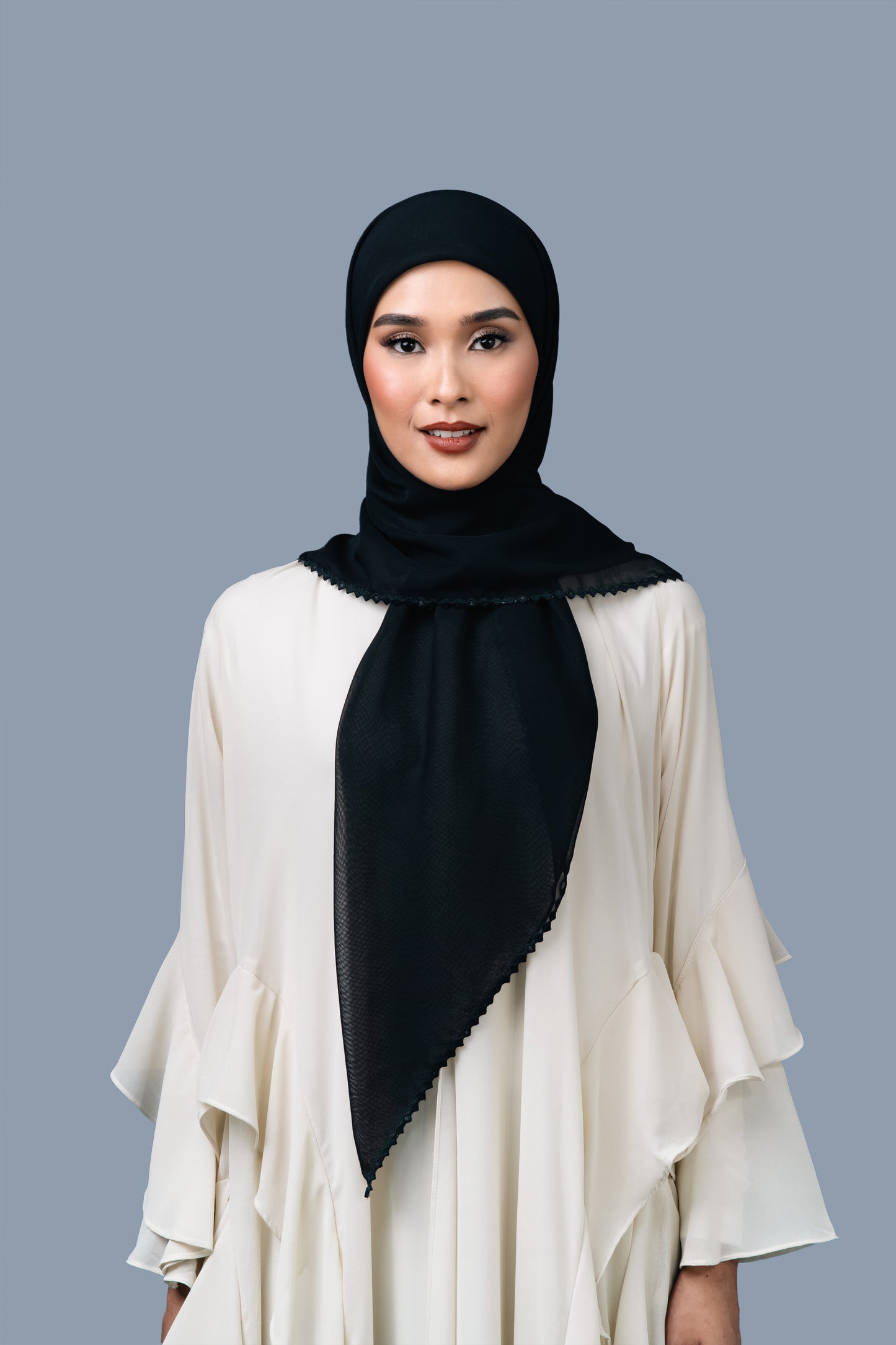 The Kisah Sulam Square Scarf in Hening Hitam