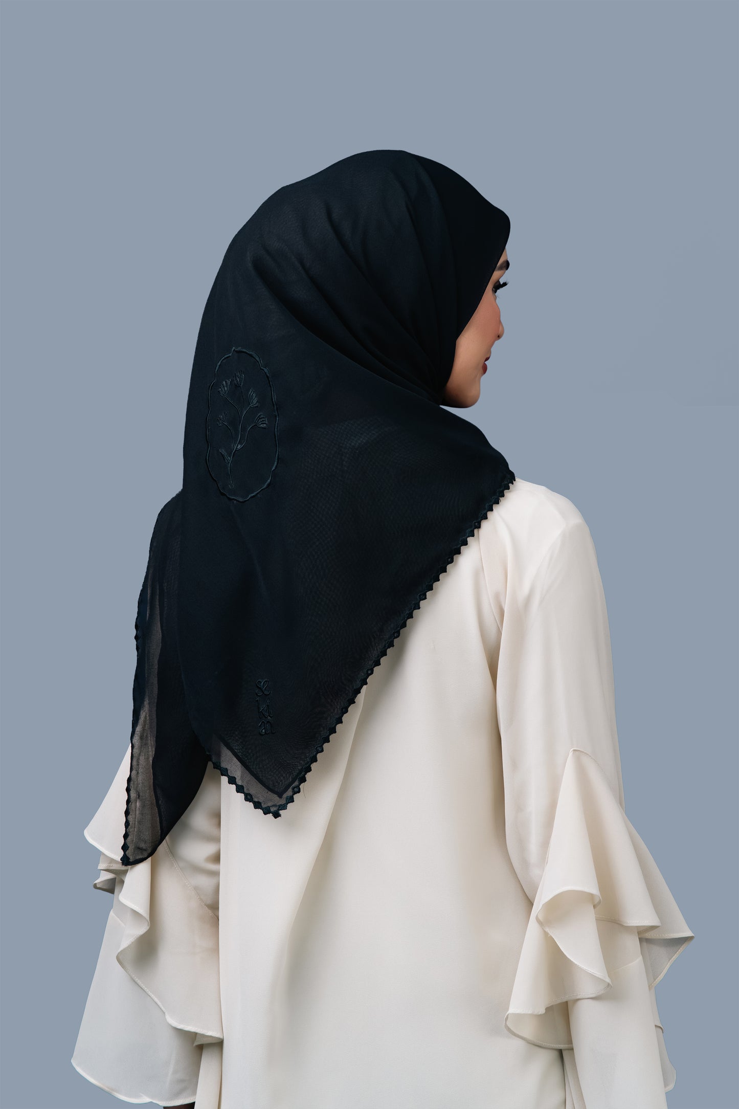 The Kisah Sulam Square Scarf in Hening Hitam