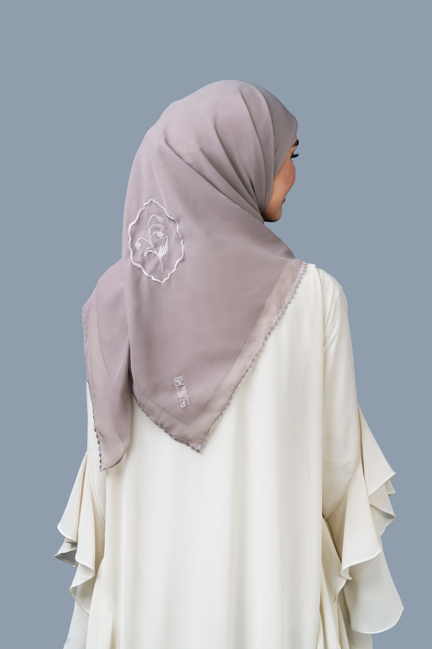 The Kisah Sulam Square Scarf in Sirna Abu Coklat