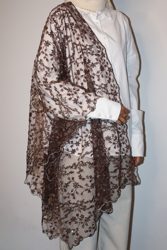 Foliage Beaded Selendang Panjang in Brown